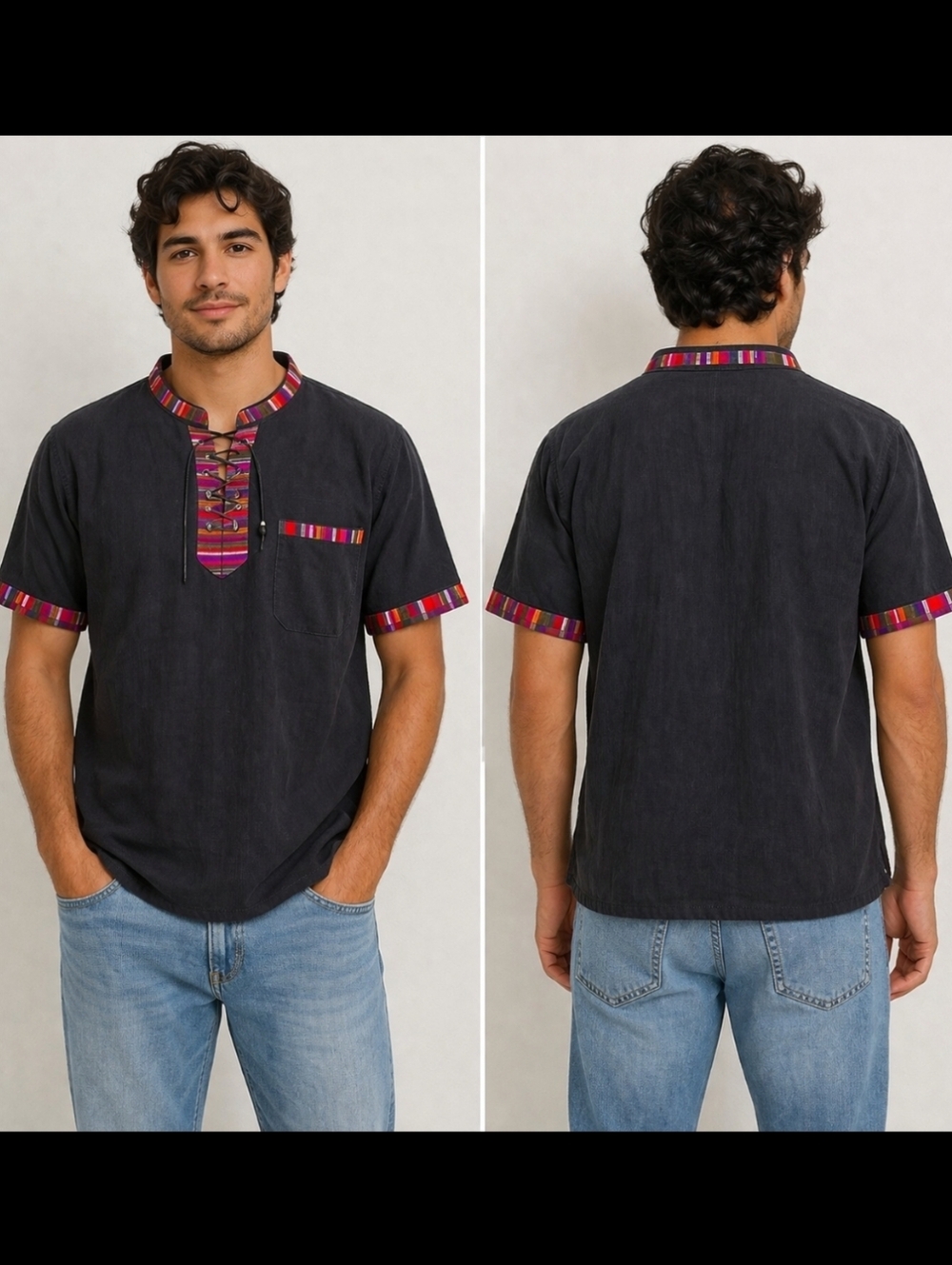 Men’s Guatemalan Woven Artisan Shirt Black Embroidered Boho Top XL - Picture 12 of 12